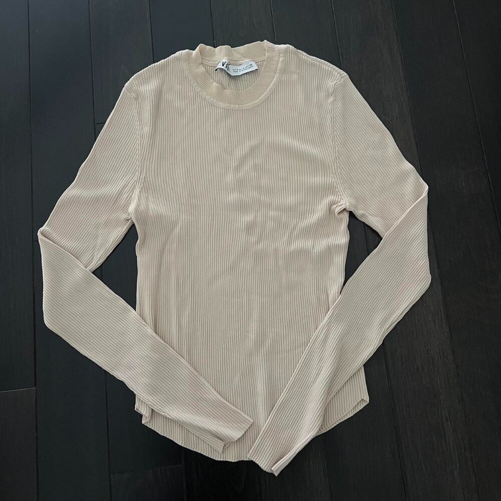 Zara Women’s Cream & Tan Long Sleeve Shirt | Scoop Hem